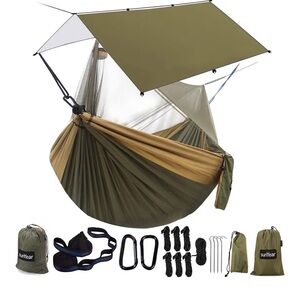SunYear Olive Green Camping Hammock with Mosquito Net & Rain Tarp